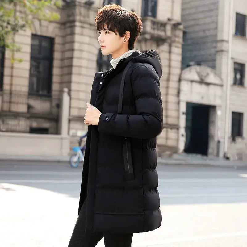 Men's mid-length black hooded puffer jacket by Simples Market, warm cotton-padded winter coat