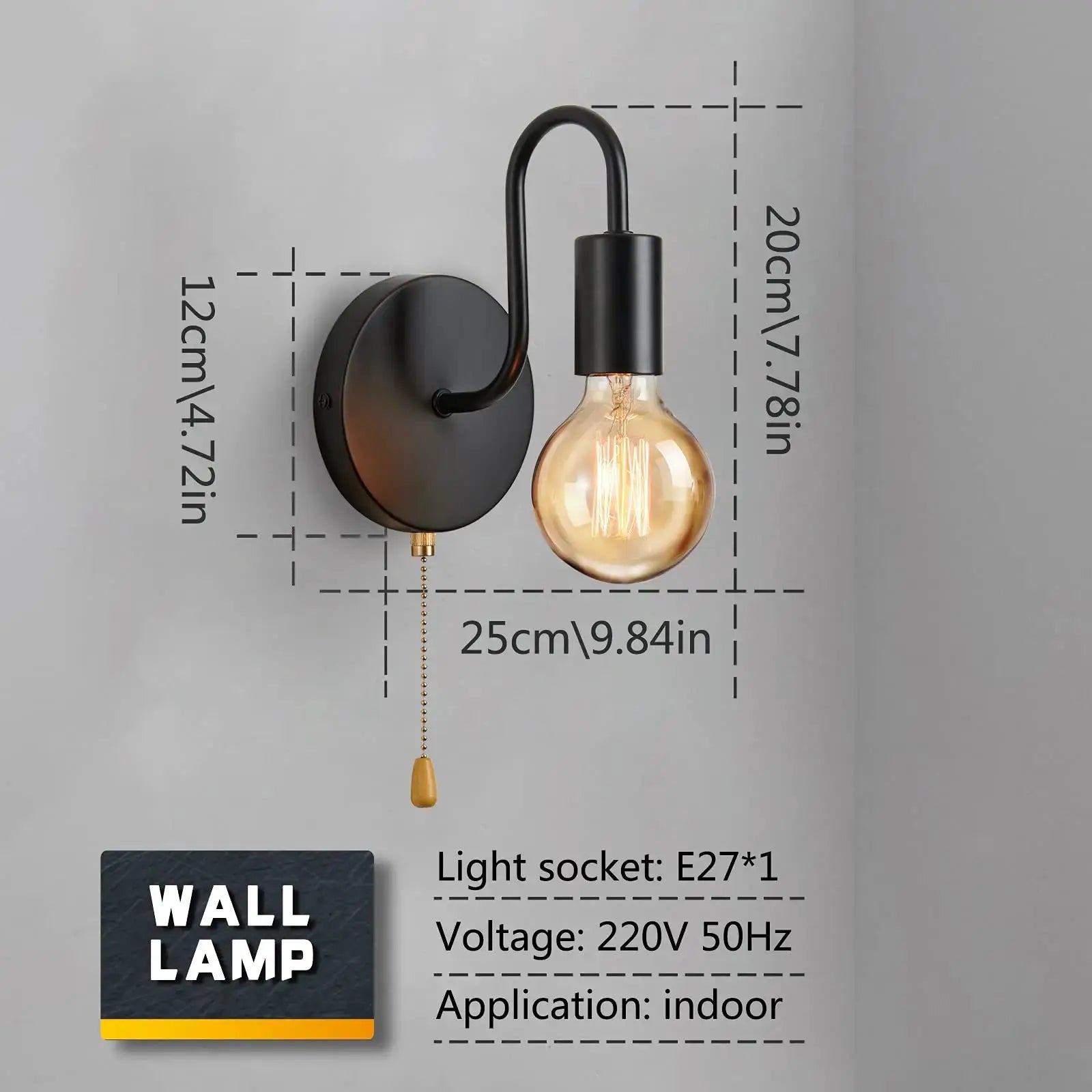 Wall lamp Nordic industrial iron black with curved arm and E27 socket, exposed bulb
