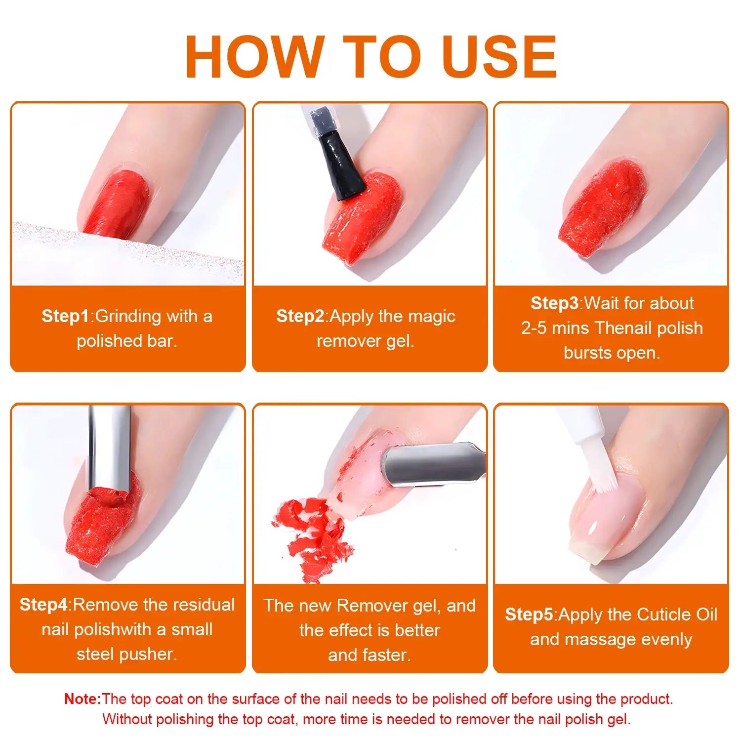 TWOING Nail Gel Polish Remover by Simples Market; 5-step how-to-use infographic, 15ml bottle.