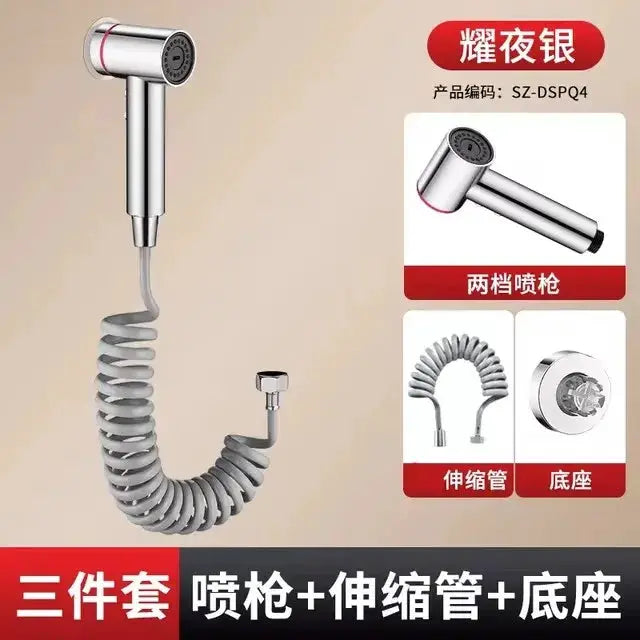 Handheld bidet sprayer set with chrome finish, coiled hose, and two-mode nozzle
