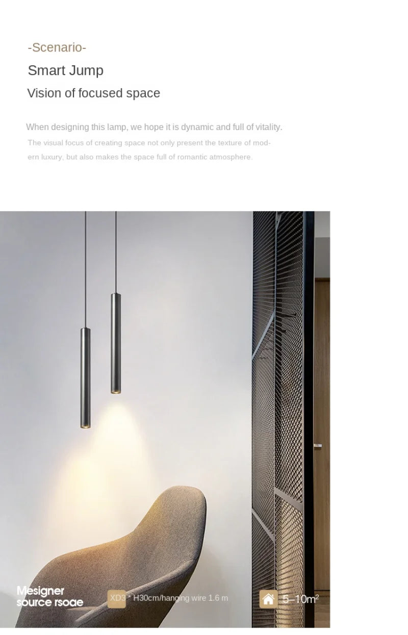Minimalist bedside pendant lamp set: two cylindrical matte black fixtures by Simples Market with warm downward light.