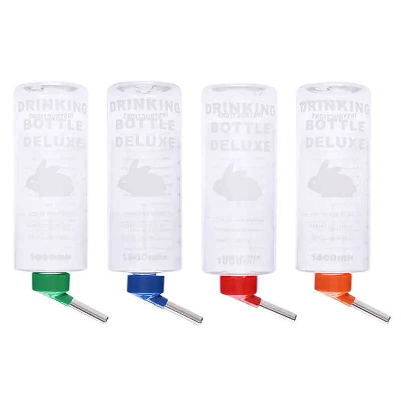 Four 1000ml automatic water bottles for small animals with hangable design in green, blue, red and orange.