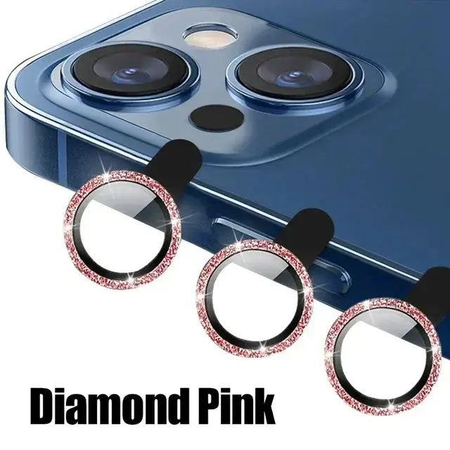 3-pack metal camera lens protectors with pink diamond-ring frames for iPhone 12–15 Pro Max and mini/Plus models