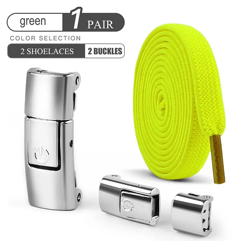 No-tie elastic flat shoelaces, green 8mm, with press-lock buckles (1 pair)