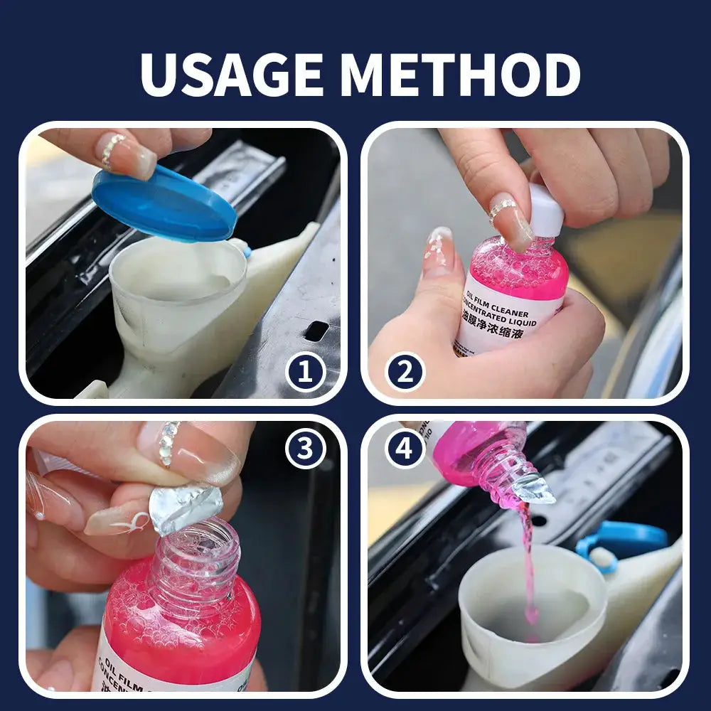 Car glass coating oil film cleaner kit for rearview mirrors by Simples Market; pink liquid and 4-step usage guide.