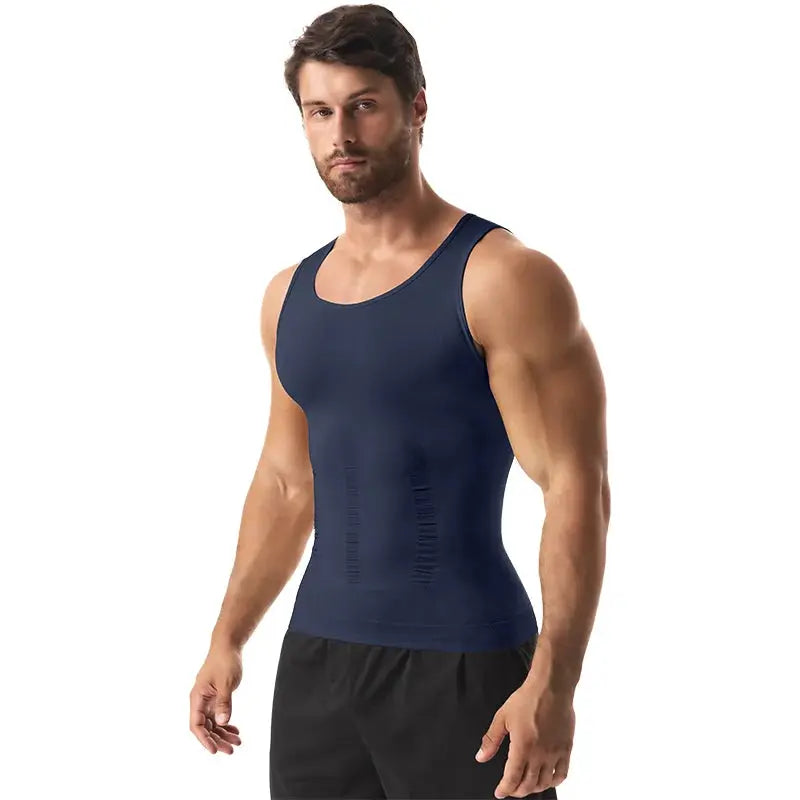 Men's navy compression vest sleeveless shapewear for tummy control and abs, gym workout top