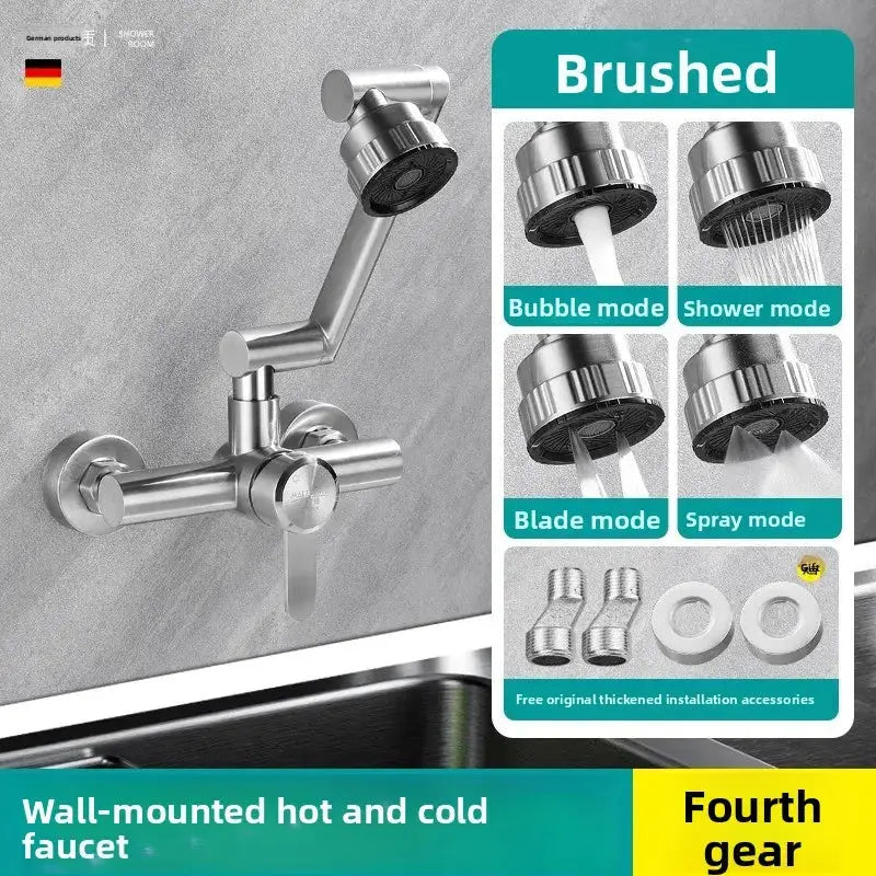 Brushed stainless steel wall-mounted kitchen faucet with 4 modes and 360° swivel, installation accessories included.
