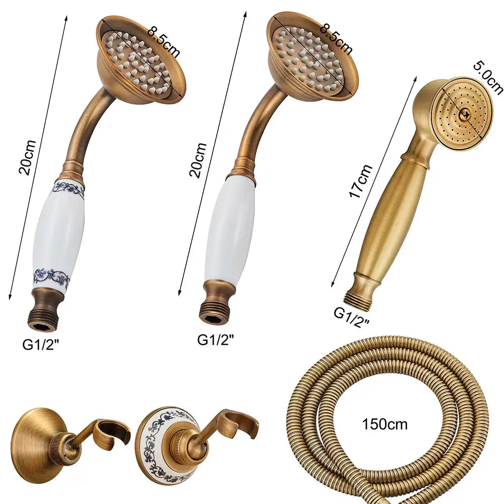 Antique brass handshower set with ceramic white handle and 150cm hose, includes two handheld heads and a round head