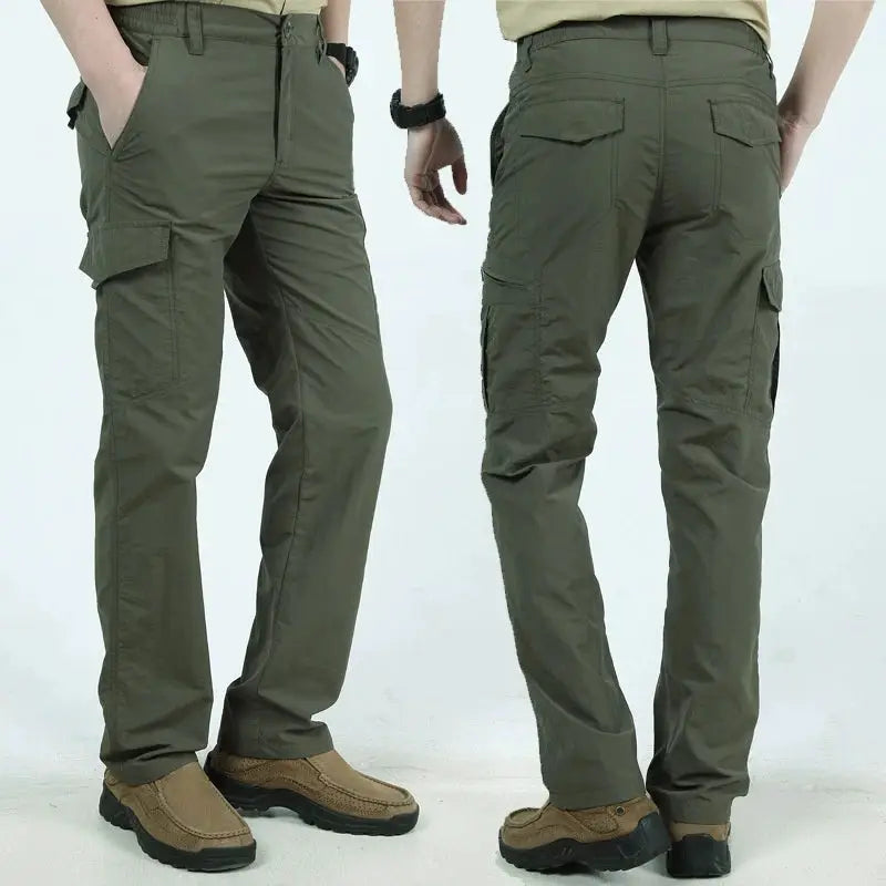 Men's olive cargo pants with multiple pockets, water- and wear-resistant fabric; two pairs shown.