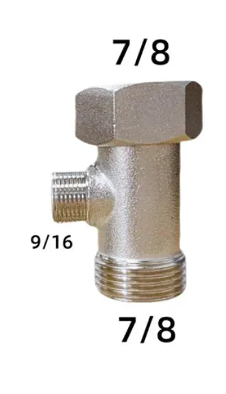 Brass 7/8 in T valve adapter with 9/16 in side inlet for toilet bidet sprayer fittings