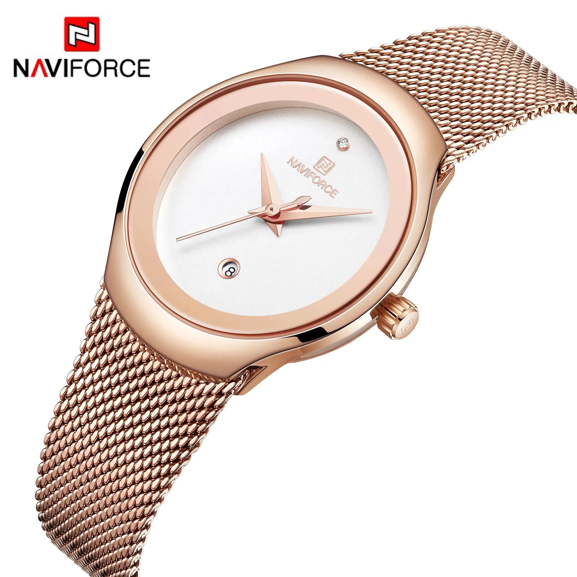 NAVIFORCE women's rose-gold watch with stainless steel mesh bracelet