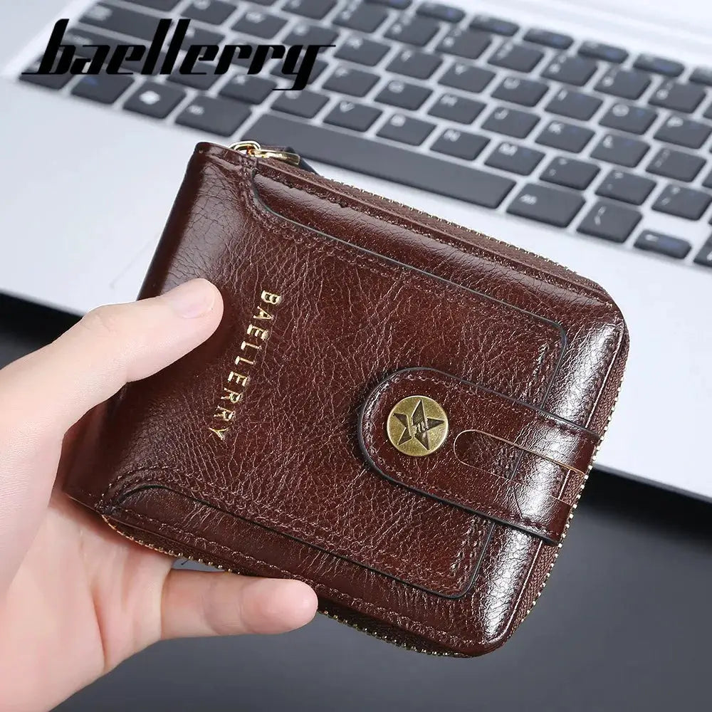 Baellerry short wallet for men in brown PU leather with RFID blocking and embossed logo