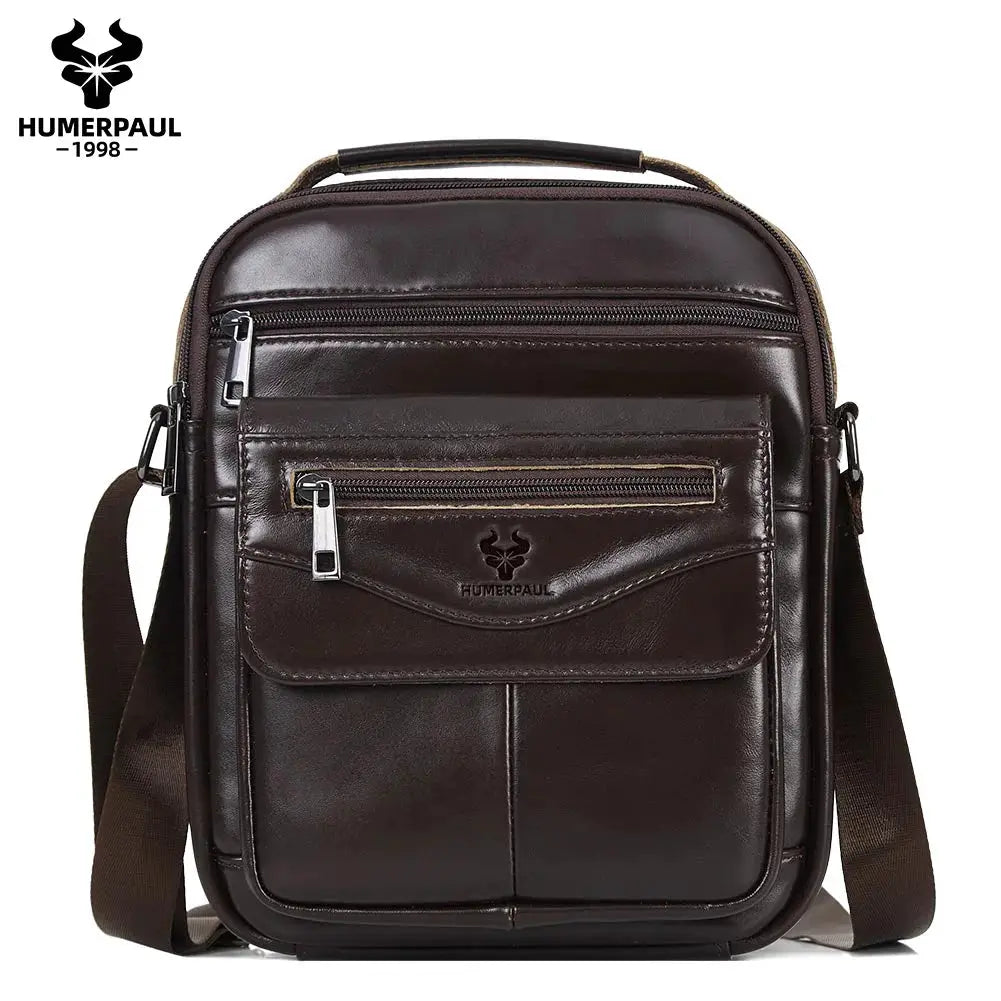 HUMERPAUL genuine leather small messenger bag for men, dark brown with front zip pocket and adjustable crossbody strap