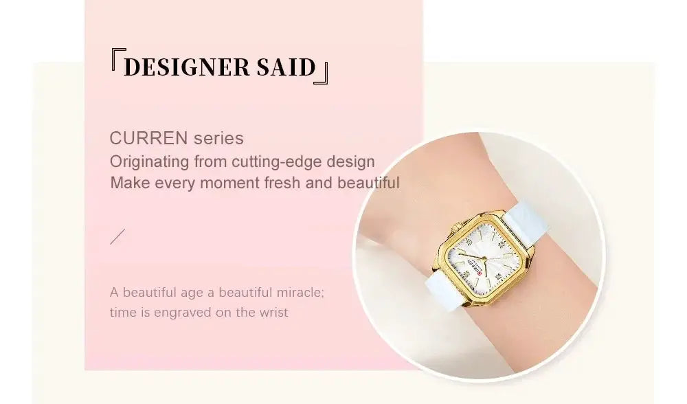 Curren 9113 ladies' quartz wristwatch with white strap and gold square case