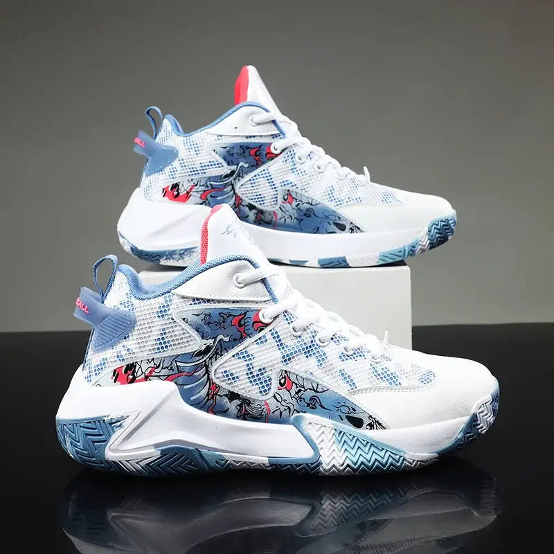 Pair of men's sneakers, white and blue graphic running shoes with breathable mesh