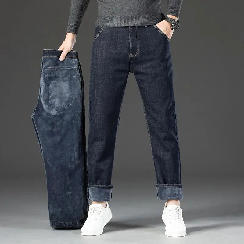 Men's fleece-lined denim jeans by Simples Market, dark indigo, straight-leg, winter warmth, two pairs shown