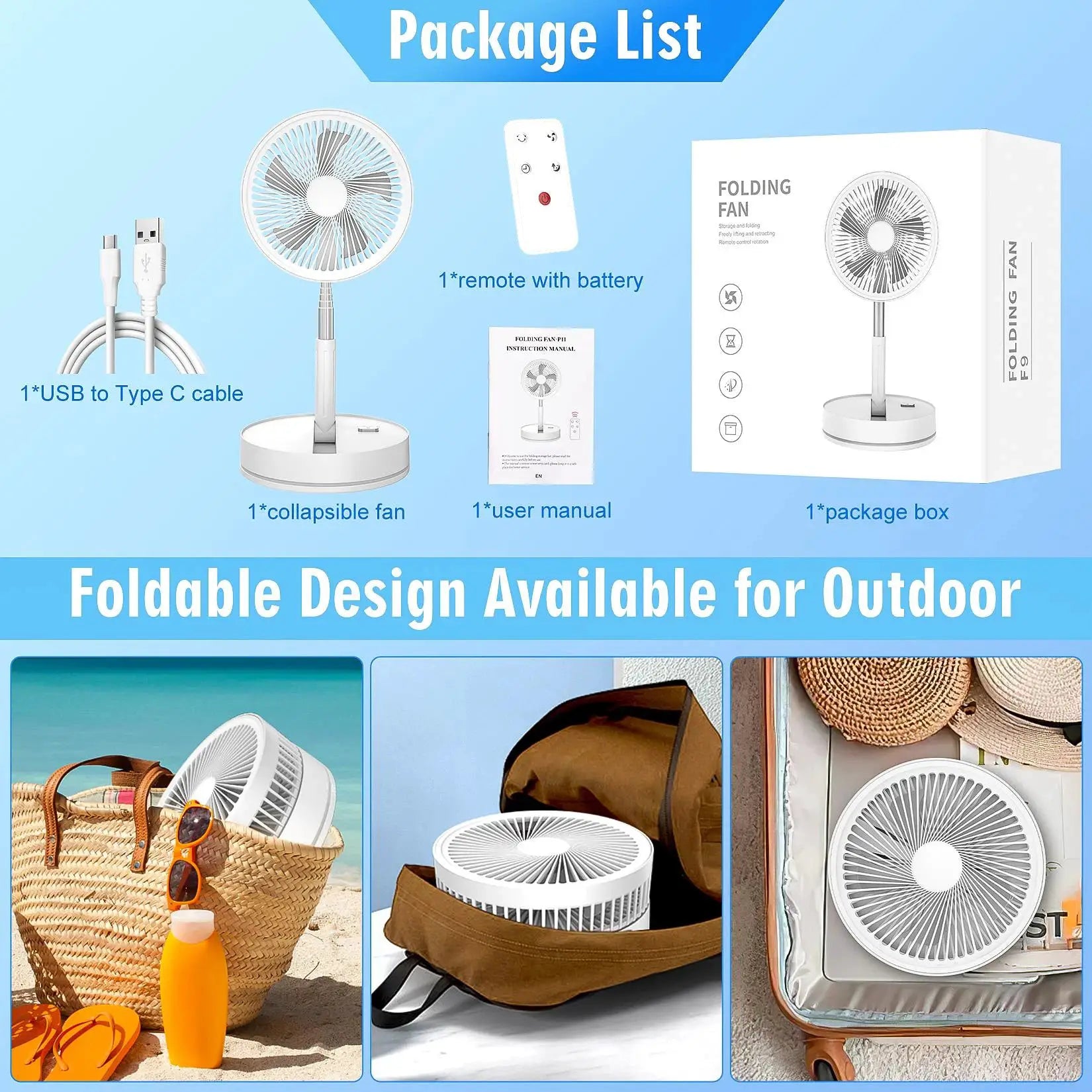Simples Market foldable telescopic fan, white USB rechargeable, battery-powered, height-adjustable with remote