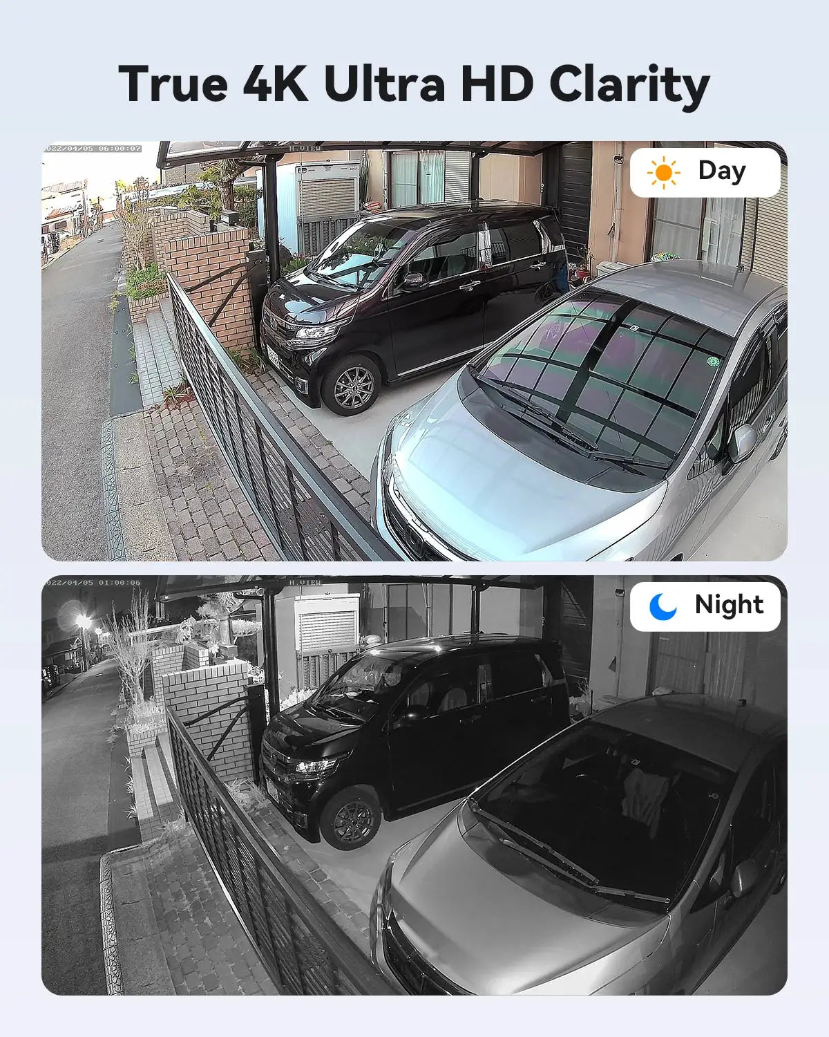 H.View 4K CCTV system by Simples Market, 8-channel NVR, outdoor IP cameras; driveway scene with two cars (day/night)