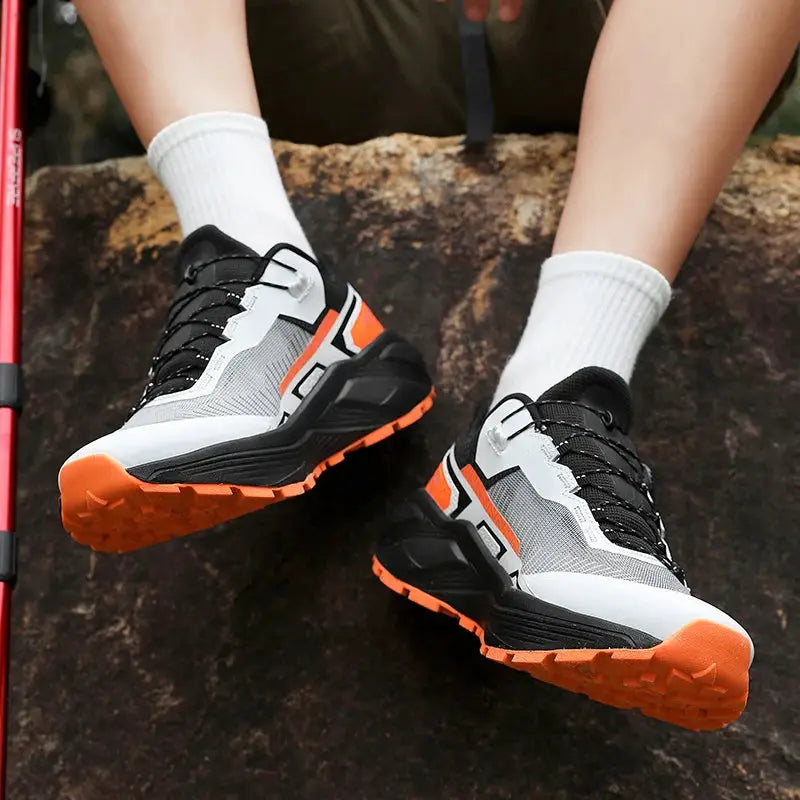 Men's Casual Sneakers Simples Market, pair of breathable grey/white upper sneakers with orange outsole