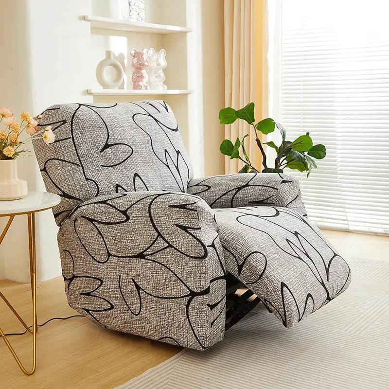 Gray recliner chair cover with abstract black line pattern, fits a single reclining chair