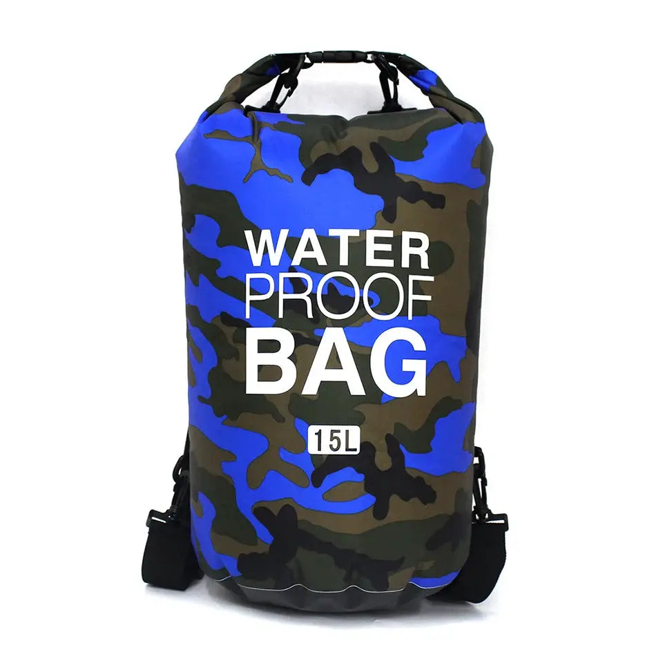 Waterproof dry bag 15L in blue camouflage print for kayaking, boating, rafting
