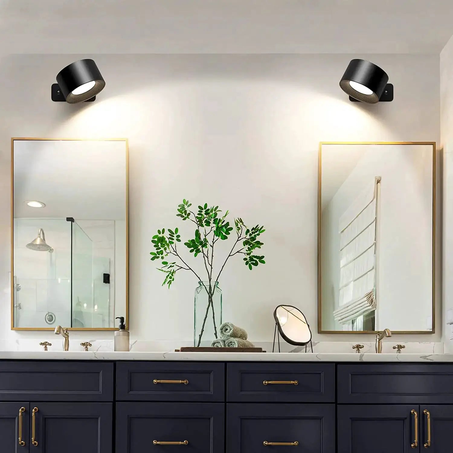 LED indoor wall lamps, pair of black cylindrical fixtures with 360° rotation for modern Nordic bathroom decor
