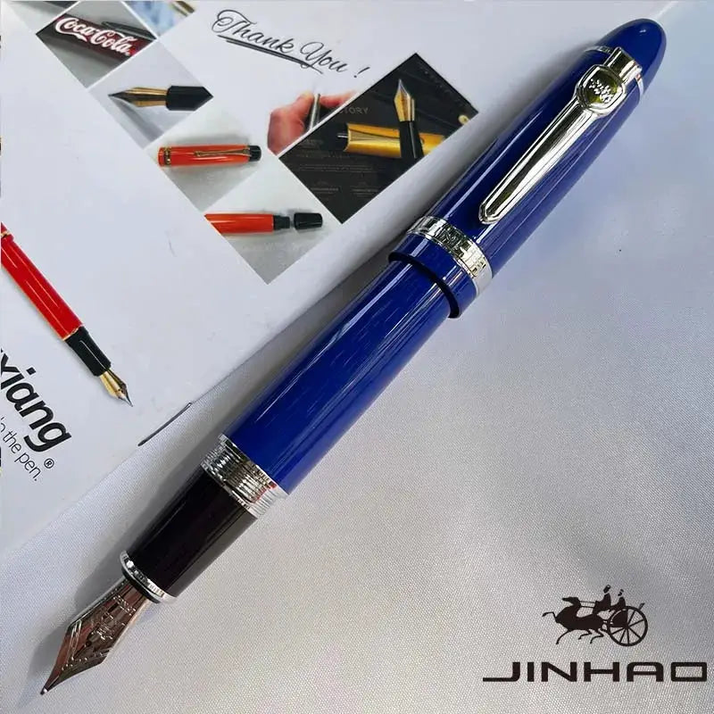 Jinhao 159 blue fountain pen with silver trims and visible nib