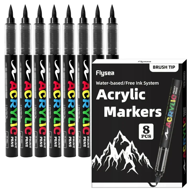 8pcs black acrylic marker set with brush tips, packaging shows 8 pcs