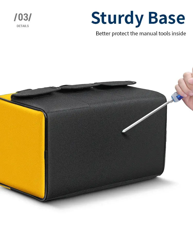 Simples Market 17 Inch Tool Bag with yellow side panel and black body, top handles, six exterior pockets.