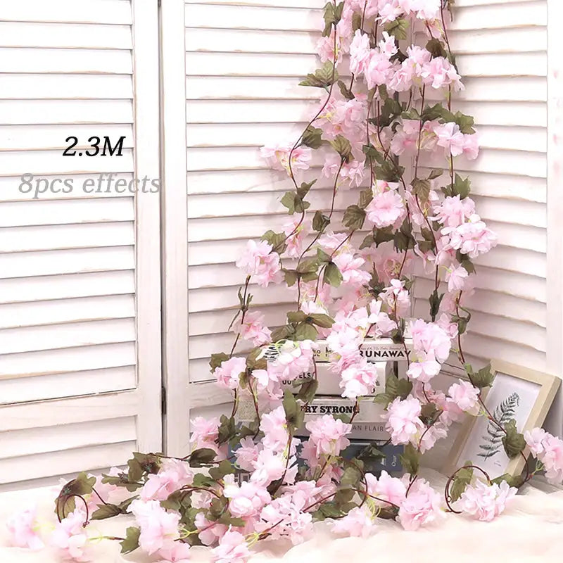 Artificial Sakura Flowers Vine Hanging Floral Garland Home Garden Wedding Arch Party Cherry Blossom Wall Decor