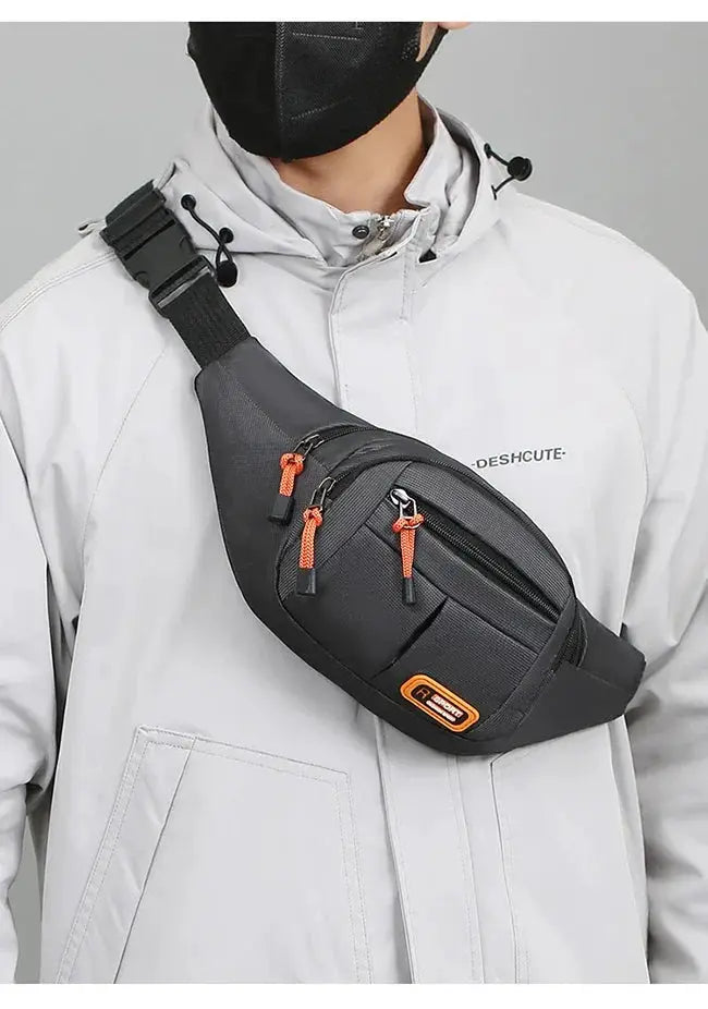 Simples Market Oxford Waterproof Mobile Waist Bag; black fanny pack with orange zipper pulls and multiple pockets