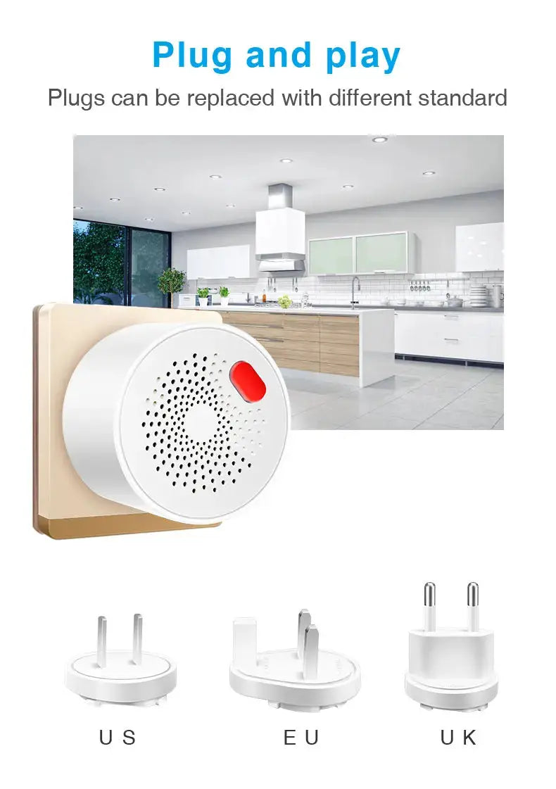 Simples Market Tuya wifi smart gas leakage detector, white plug-in sensor with US/EU/UK adapters