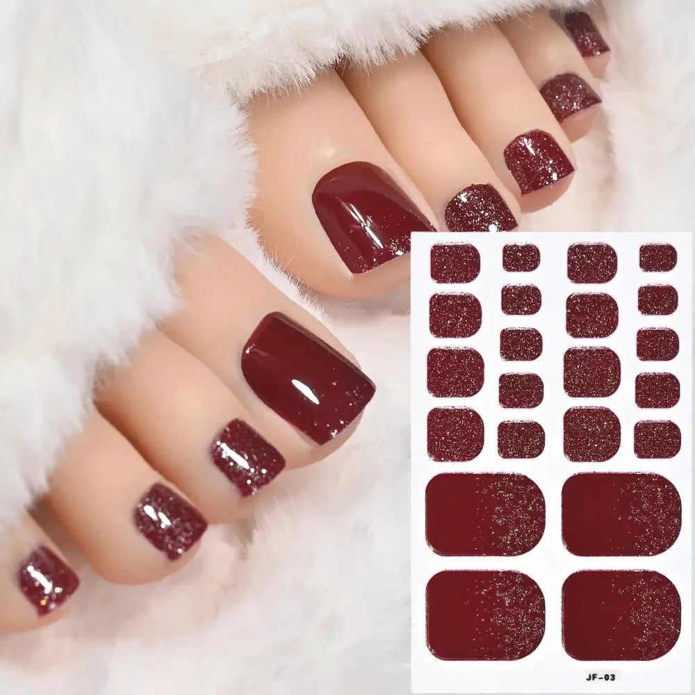 Simples Market 22tips toe nail sticker set; 24-piece burgundy glitter full-cover decals for toenails