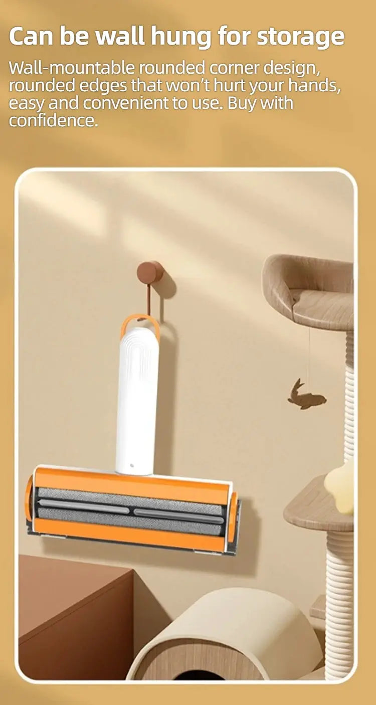 Pet hair remover roller by Simples Market, orange and white wall-mounted lint tool designed for clothing and home use.