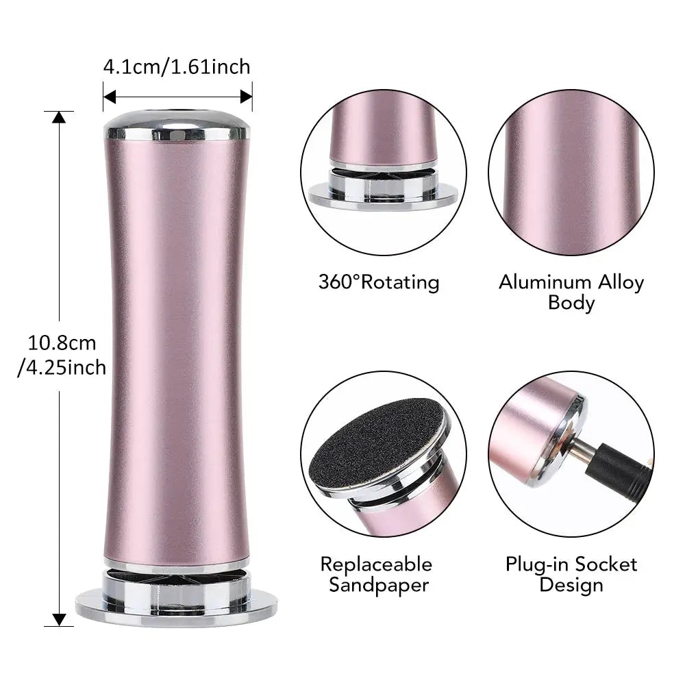 Electric foot callus remover pink aluminum-alloy with 360° rotating head, plug-in socket design, replaceable sandpaper