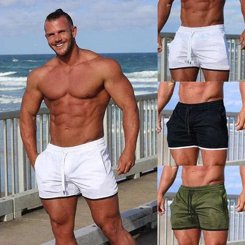 Men's gym shorts collage; four color options with drawstring waist: white, black, olive green.