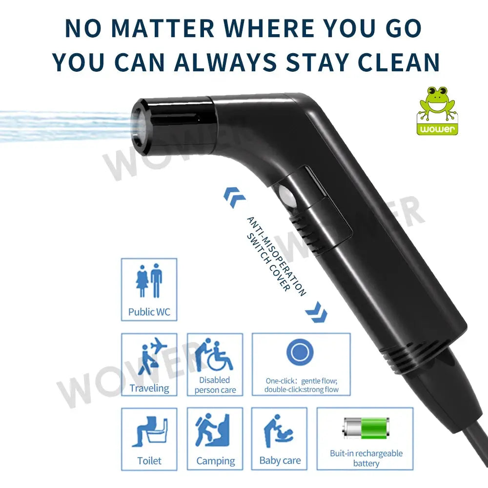 WOWER portable handheld bidet sprayer with 2m hose, black, rechargeable for travel camping