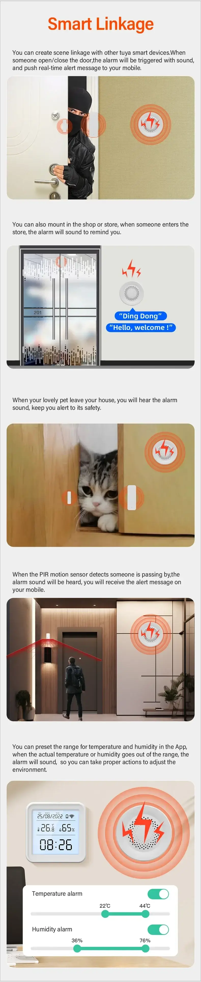 Tuya Zigbee WiFi Smart Siren Alarm by Simples Market, 100dB, orange siren icon in smart home security infographic