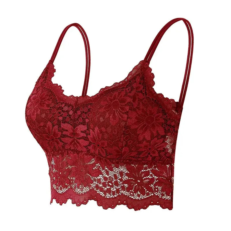 Red lace bralette top by Simples Market, floral pattern, scalloped hem, wireless lingerie.