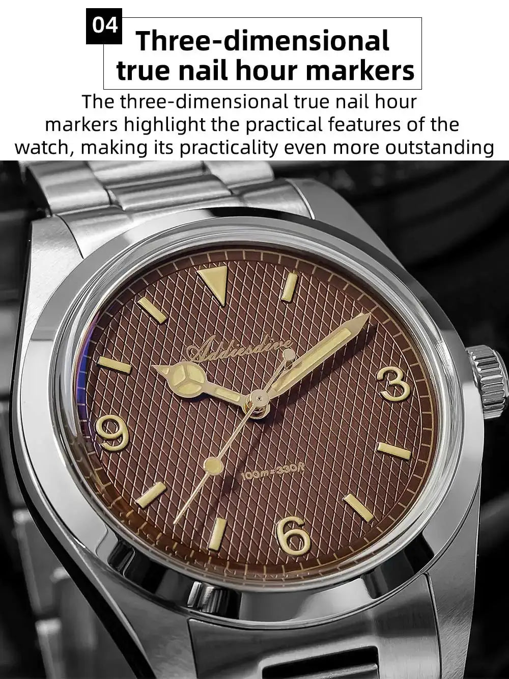 ADDIESDIVE men's analog watch, brown dial with gold-tone hands, stainless steel bracelet, 100m water resistant