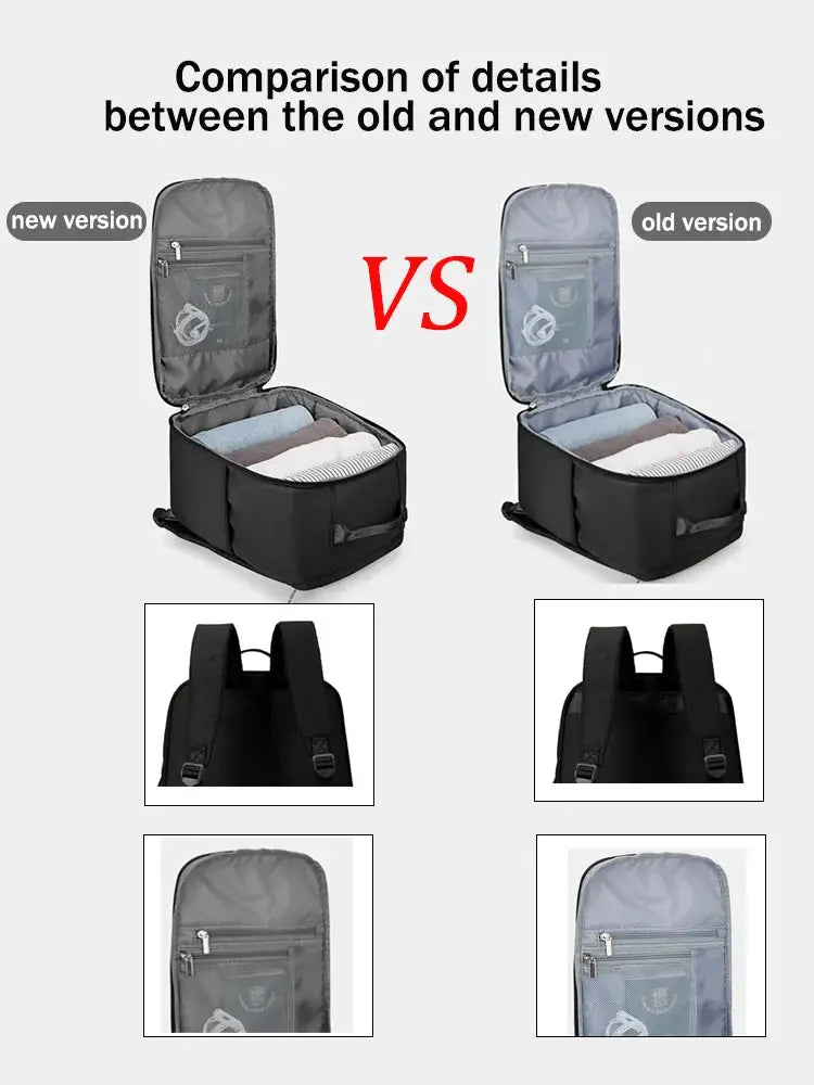 Ryanair Cabin Backpack by Simples Market, black travel backpack; open with clothes inside; 2 versions shown (new vs old)