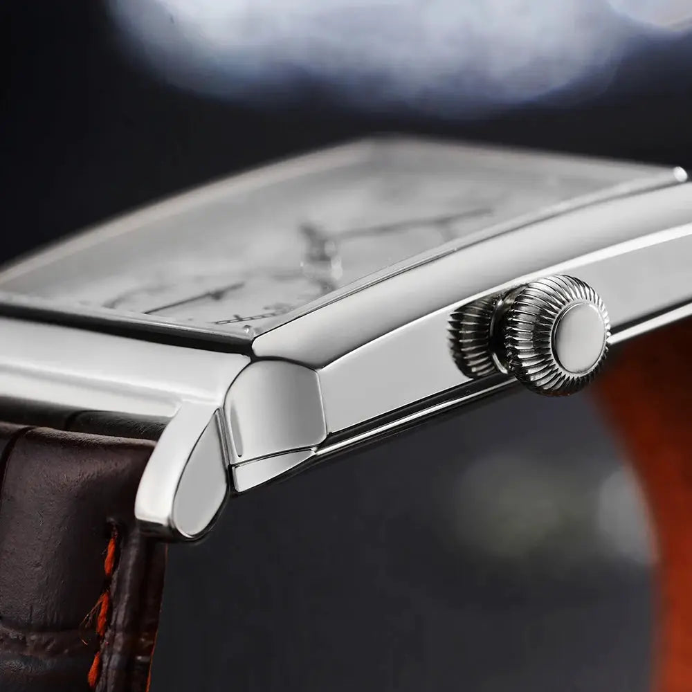 FARASUTE square mechanical wristwatch with a silver-tone stainless steel case and brown leather strap, side crown detail