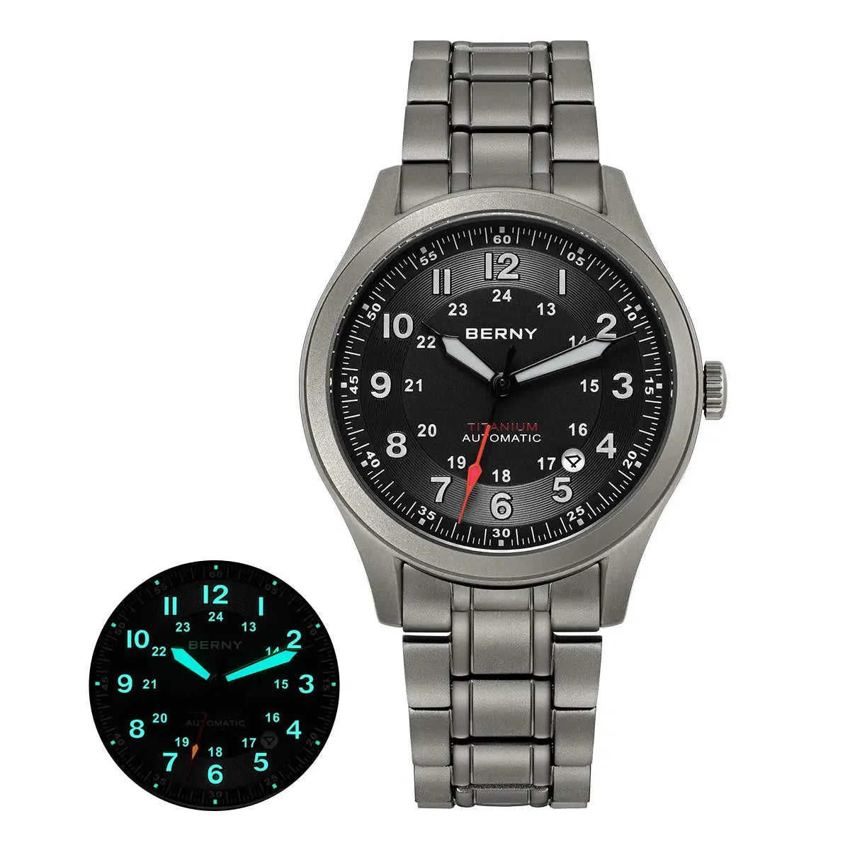 BERNY full titanium automatic men's watch with black dial and luminous hands on metal bracelet