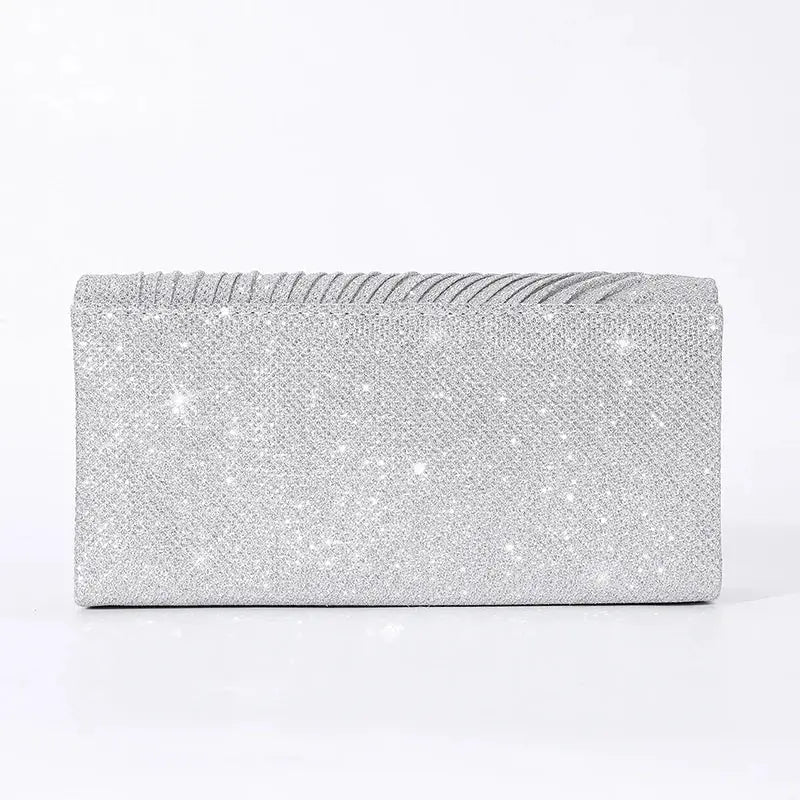 Women's glitter silver envelope clutch for bridal, party, and prom; dressy evening handbag