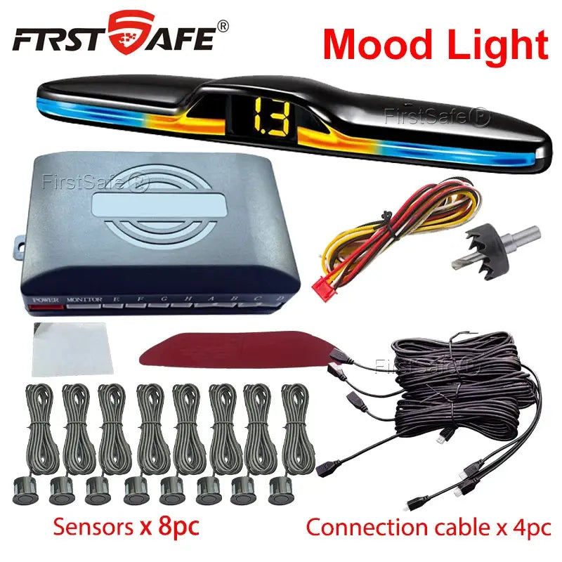 FirstSafe parking sensor kit with mood-light display, 8 sensors, monitor, wiring harness by Simples Market