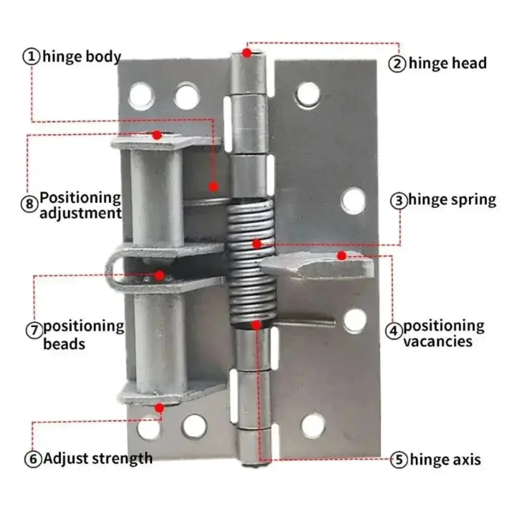 3-in-1 automatic self-closing door hinge with spring, door closer and stopper; metal silver finish