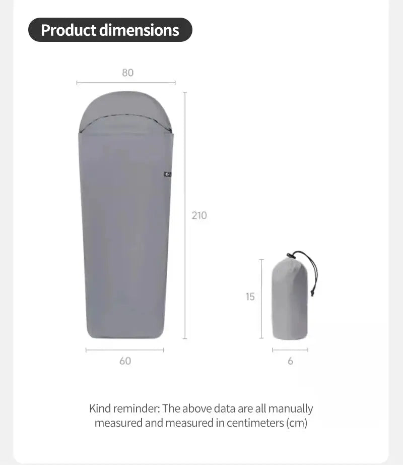 Sleeping bag liner, gray single-envelope design for outdoor camping; ultralight 128g, 210 cm long and 60 cm wide.