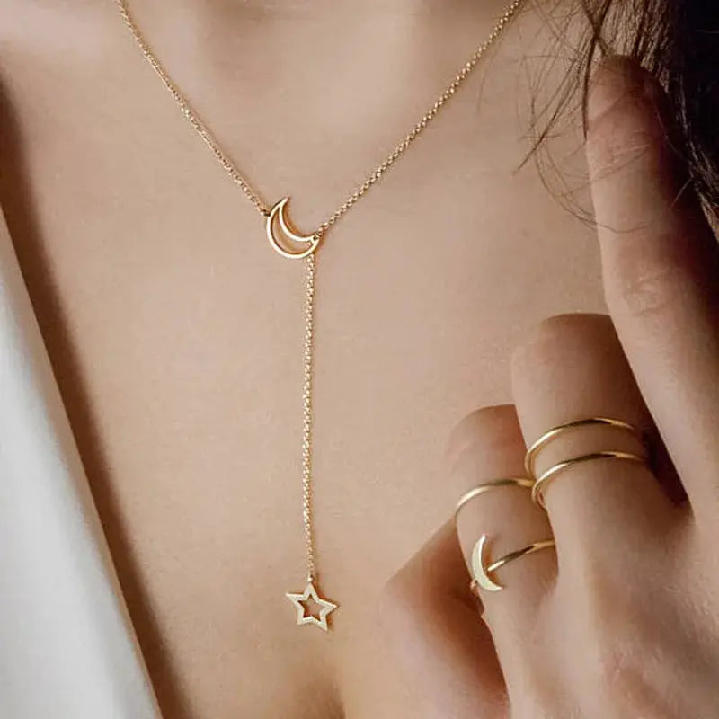 Moon and star pendant choker necklace with gold-tone alloy chain for women