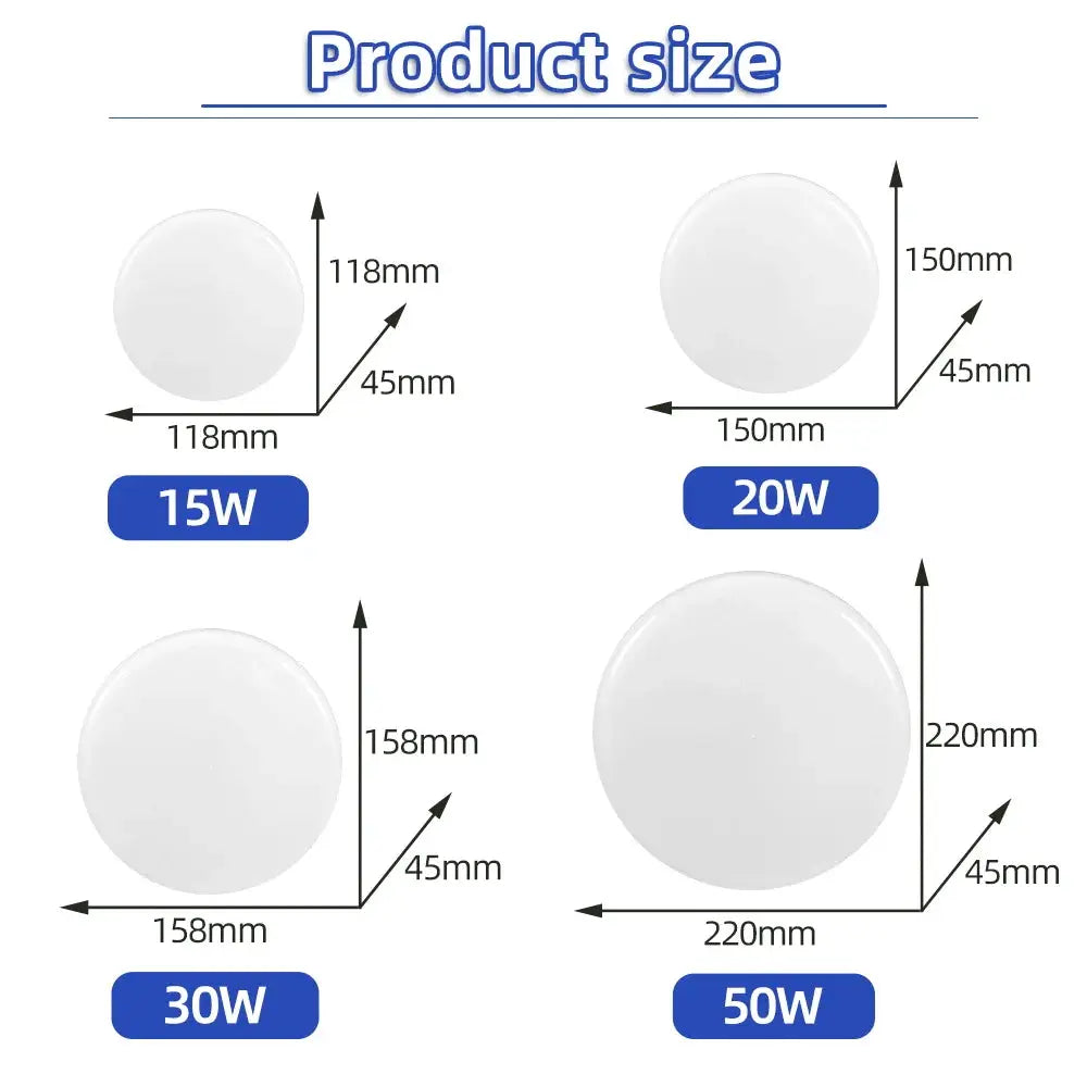Simples Market LED ceiling lamp set; four sizes (15W, 20W, 30W, 50W) with diameters 118mm, 150mm, 158mm, 220mm.