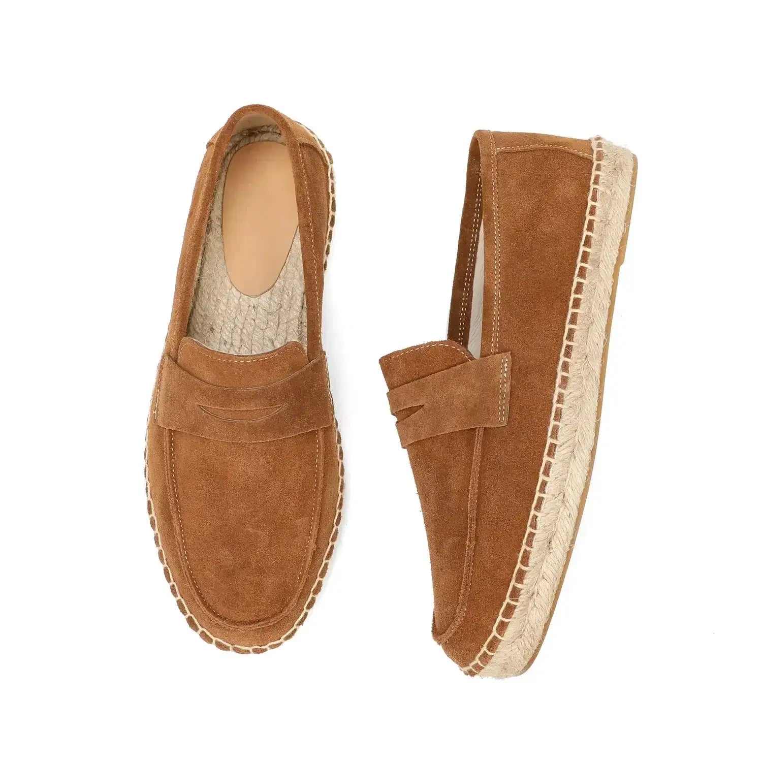 Men's Simples Market camel suede espadrille loafers with jute sole, shown in two views